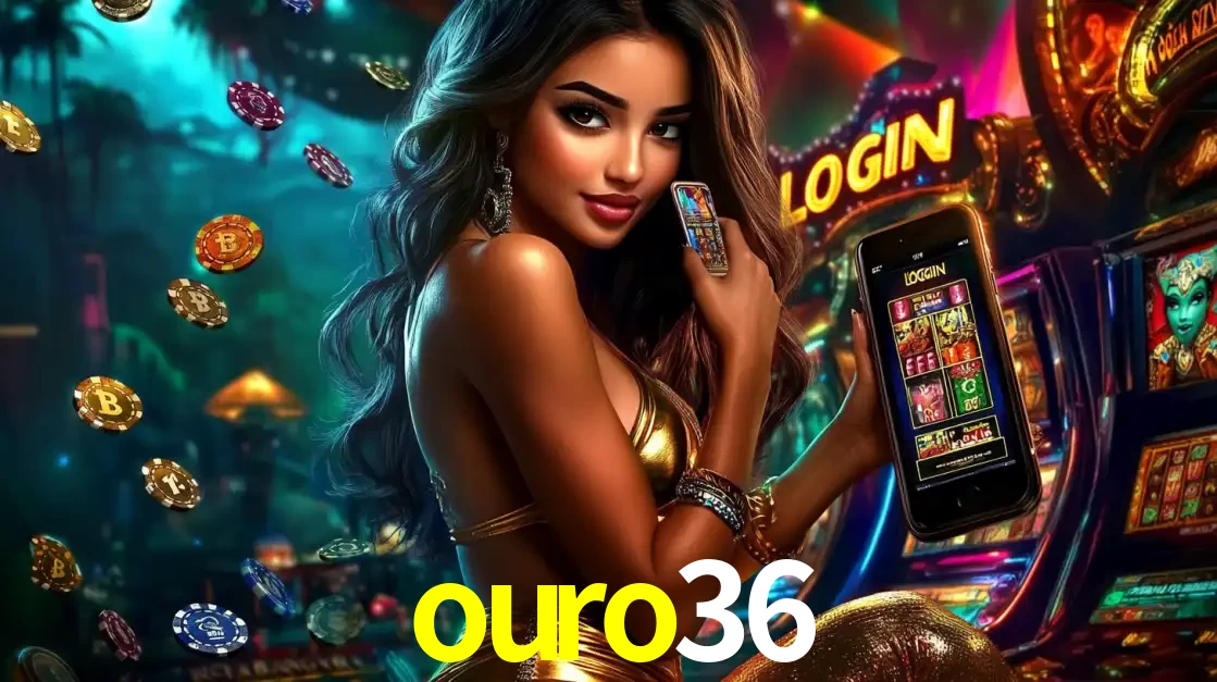 Mulher em um cenário de cassino temático de aventura, mostrando o app de caça-níqueis da ouro36 no celular. Fichas de apostas flutuam ao redor.