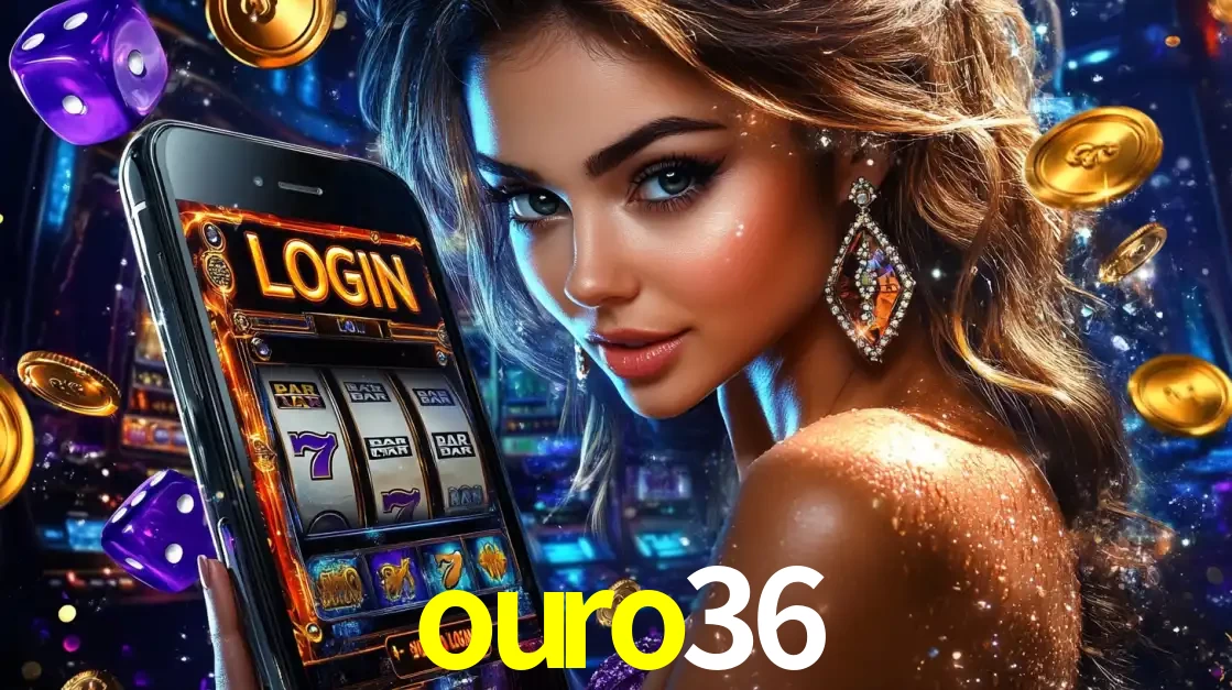 Mulher glamorosa segurando um smartphone com a tela de login para os jogos de caça-níqueis do cassino online ouro36, com moedas de ouro e dados ao redor.