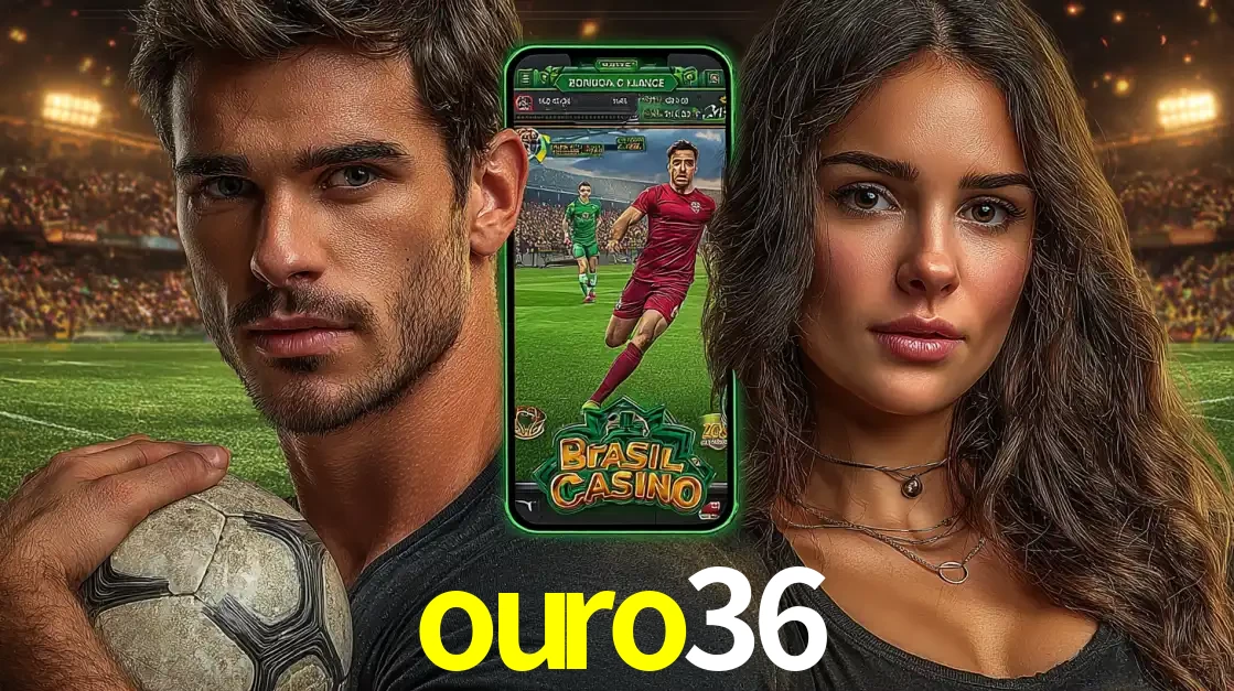 Homem segurando uma bola de futebol e uma mulher ao lado de um smartphone exibindo o jogo de apostas esportivas da ouro36. Faça seu palpite no cassino online.